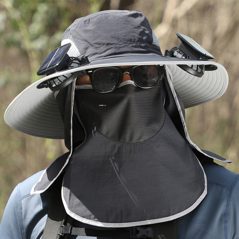 Wide-Brim Sun Hat with Solar-Powered Rechargeable Fan & Detachable Face Shield