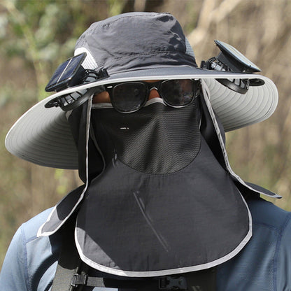 Wide-Brim Sun Hat with Solar-Powered Rechargeable Fan & Detachable Face Shield