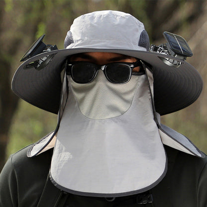 Wide-Brim Sun Hat with Solar-Powered Rechargeable Fan & Detachable Face Shield