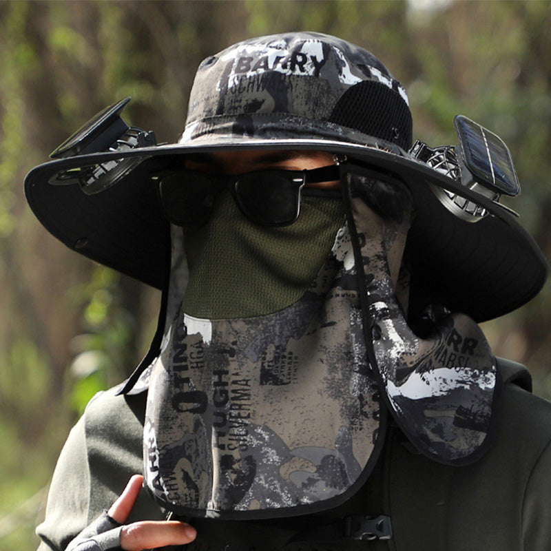Wide-Brim Sun Hat with Solar-Powered Rechargeable Fan & Detachable Face Shield