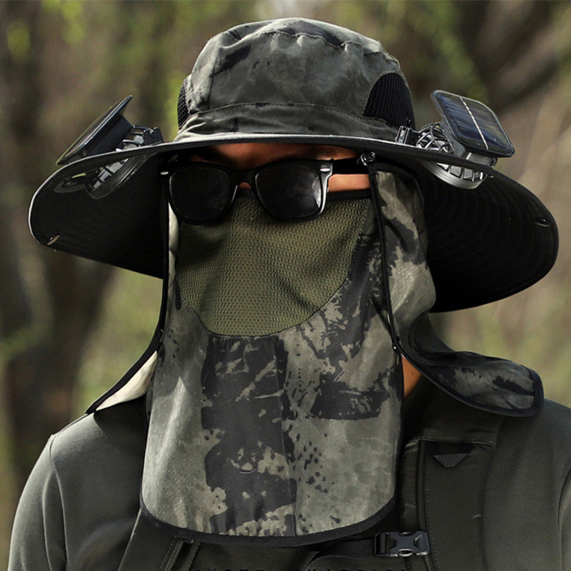 Wide-Brim Sun Hat with Solar-Powered Rechargeable Fan & Detachable Face Shield