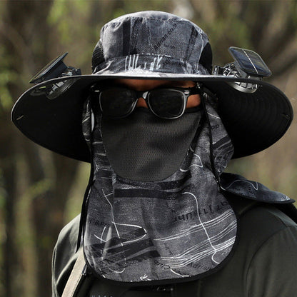 Wide-Brim Sun Hat with Solar-Powered Rechargeable Fan & Detachable Face Shield