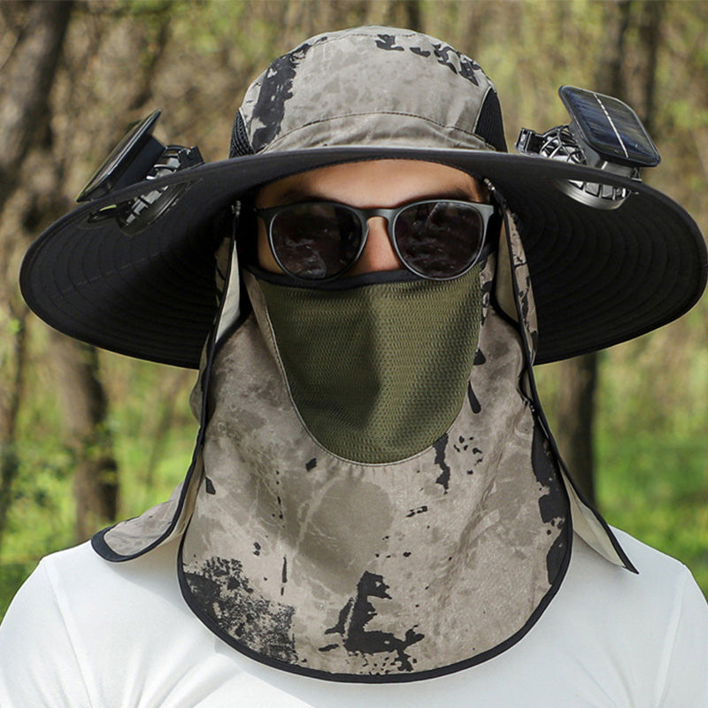 Wide-Brim Sun Hat with Solar-Powered Rechargeable Fan & Detachable Face Shield
