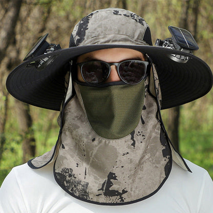 Wide-Brim Sun Hat with Solar-Powered Rechargeable Fan & Detachable Face Shield