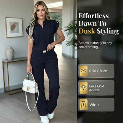 👗 50% OFF! 💐 Women's Casual Top & Pants 2-Piece Set – Chic, Wide-Leg, Gold Accents ✨