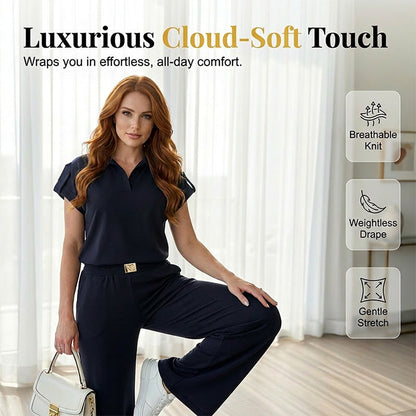 👗 50% OFF! 💐 Women's Casual Top & Pants 2-Piece Set – Chic, Wide-Leg, Gold Accents ✨