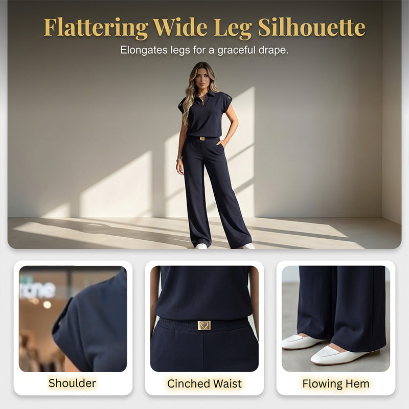 👗 50% OFF! 💐 Women's Casual Top & Pants 2-Piece Set – Chic, Wide-Leg, Gold Accents ✨