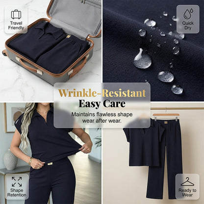 👗 50% OFF! 💐 Women's Casual Top & Pants 2-Piece Set – Chic, Wide-Leg, Gold Accents ✨