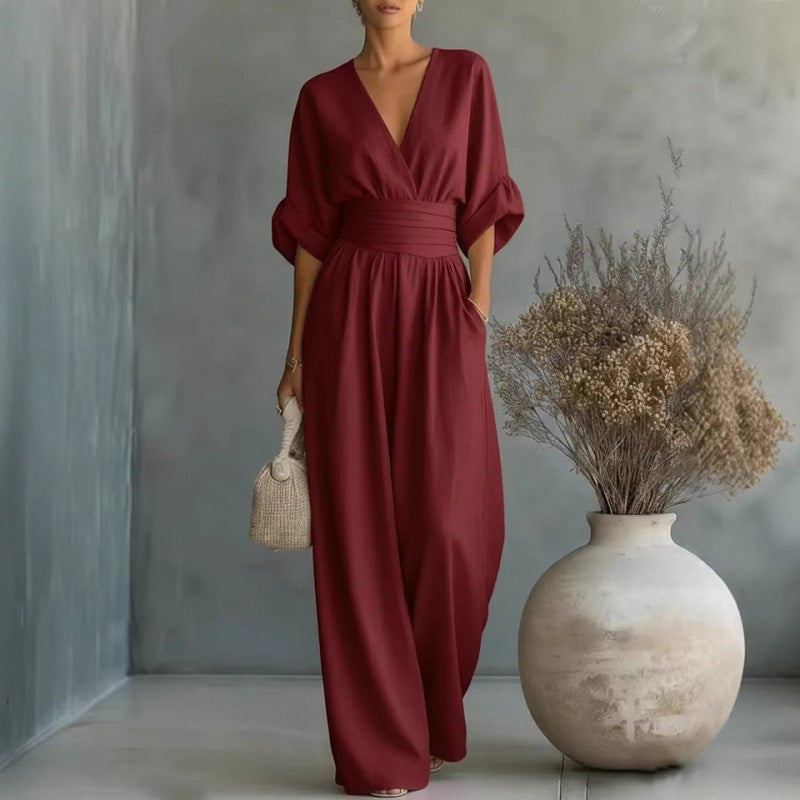 💖2026 Hot Sale 50% OFF✨Women's V-Neck High Waist Wide Leg Jumpsuit