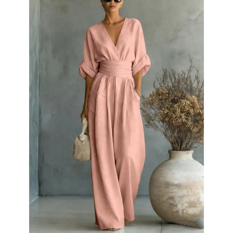 💖2026 Hot Sale 50% OFF✨Women's V-Neck High Waist Wide Leg Jumpsuit