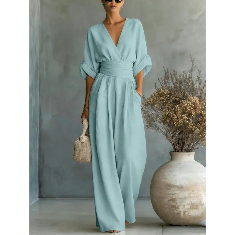 💖2026 Hot Sale 50% OFF✨Women's V-Neck High Waist Wide Leg Jumpsuit