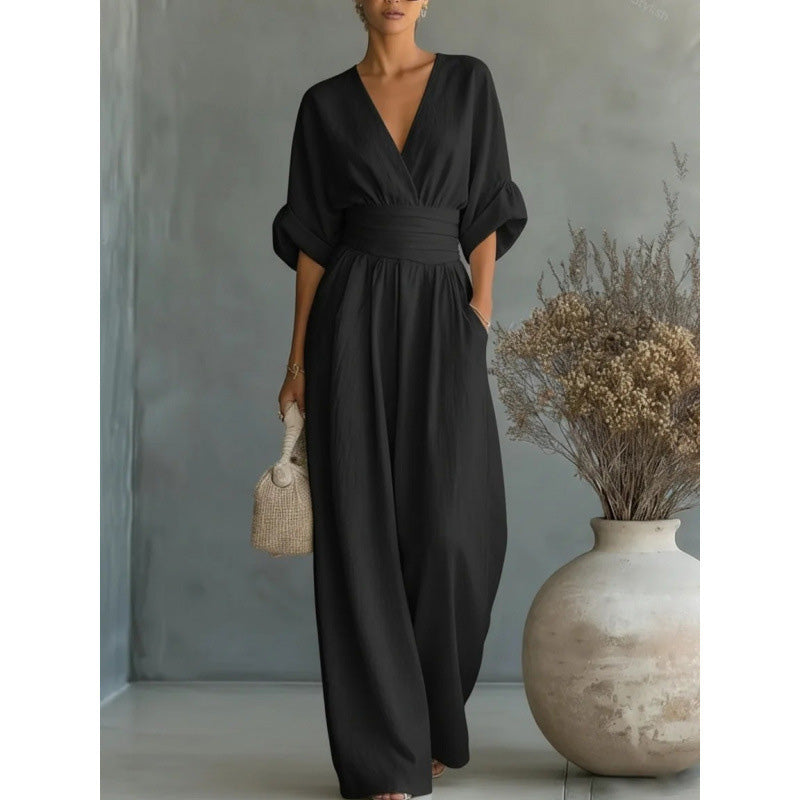 💖2026 Hot Sale 50% OFF✨Women's V-Neck High Waist Wide Leg Jumpsuit