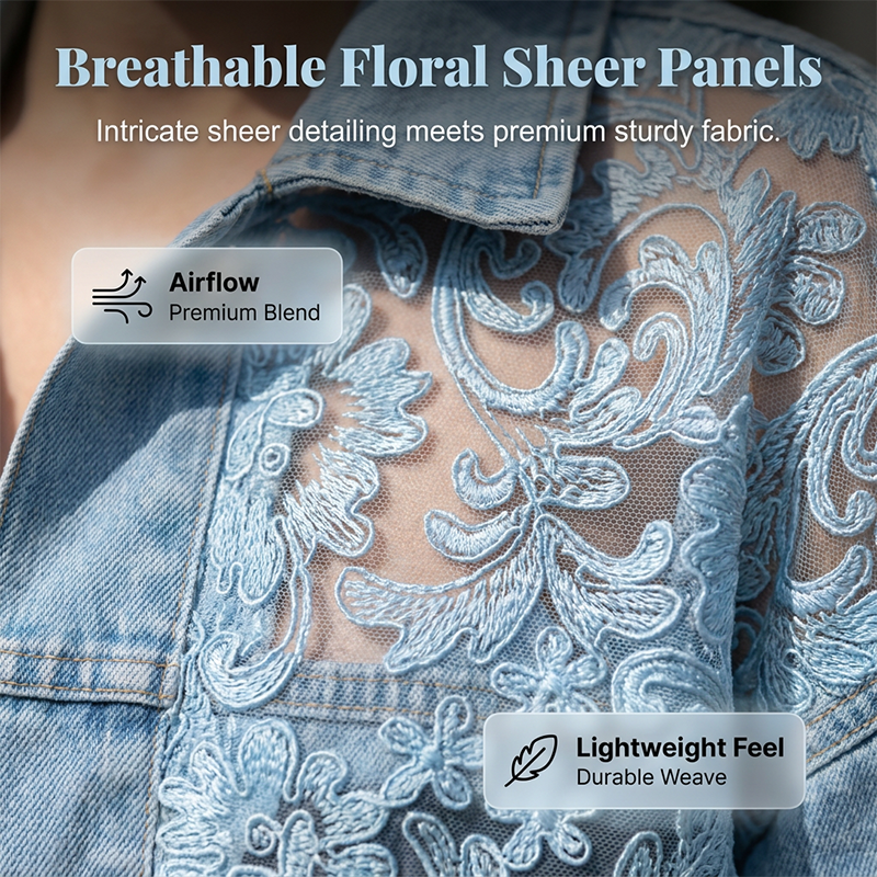 🔥 50% OFF 🌸 Elegant denim jacket with floral lace panels ✨ Feminine expression, exclusive details & timeless style 💎