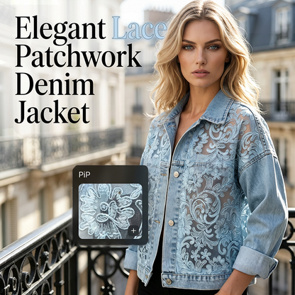 🔥 50% OFF 🌸 Elegant denim jacket with floral lace panels ✨ Feminine expression, exclusive details & timeless style 💎