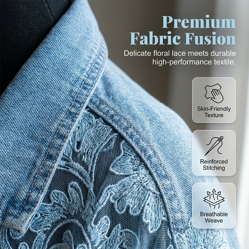 🔥 50% OFF 🌸 Elegant denim jacket with floral lace panels ✨ Feminine expression, exclusive details & timeless style 💎