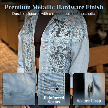 🔥 50% OFF 🌸 Elegant denim jacket with floral lace panels ✨ Feminine expression, exclusive details & timeless style 💎