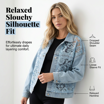 🔥 50% OFF 🌸 Elegant denim jacket with floral lace panels ✨ Feminine expression, exclusive details & timeless style 💎