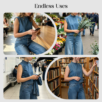 👖 50% OFF NOW! 🧵 Women's Denim Sleeveless Set – Mock Neck Top & Pants – Breathable, Effortless & Chic 🌾