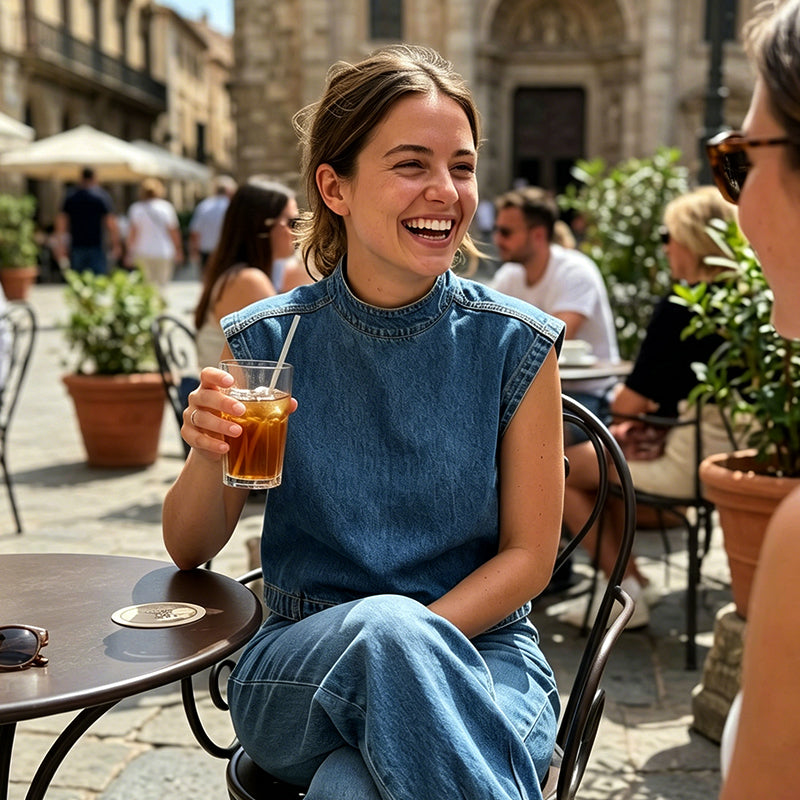 👖 50% OFF NOW! 🧵 Women's Denim Sleeveless Set – Mock Neck Top & Pants – Breathable, Effortless & Chic 🌾