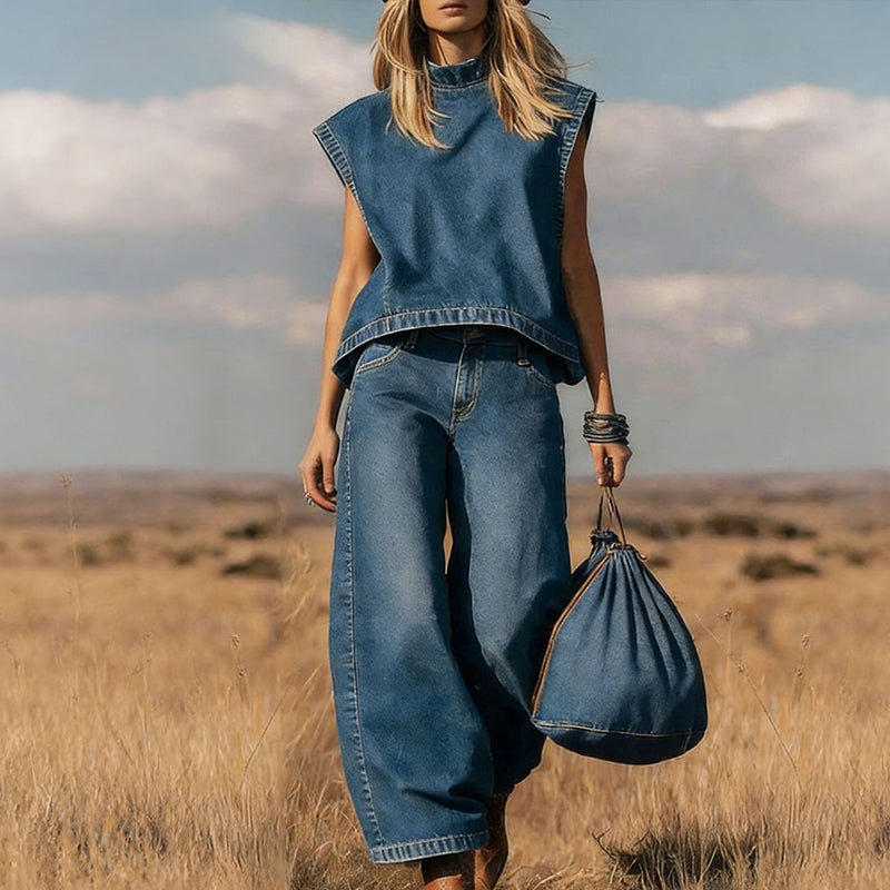 👖 50% OFF NOW! 🧵 Women's Denim Sleeveless Set – Mock Neck Top & Pants – Breathable, Effortless & Chic 🌾