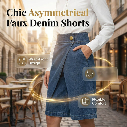👖 LIMITED-TIME 50% OFF! 💥 Women's Asymmetrical Wide-Leg Shorts – Faux Denim, Mid-High Waist, Vintage Button ✨