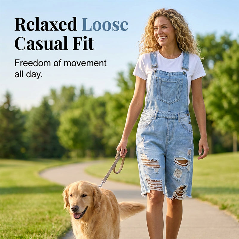 🩳 LIMITED-TIME 50% OFF! 💥 Women's Distressed Denim Overall Shorts – Ripped Design, Multiple Pockets, Casual ✨