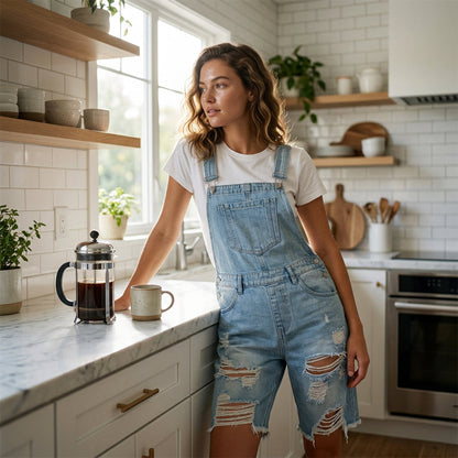 🩳 LIMITED-TIME 50% OFF! 💥 Women's Distressed Denim Overall Shorts – Ripped Design, Multiple Pockets, Casual ✨