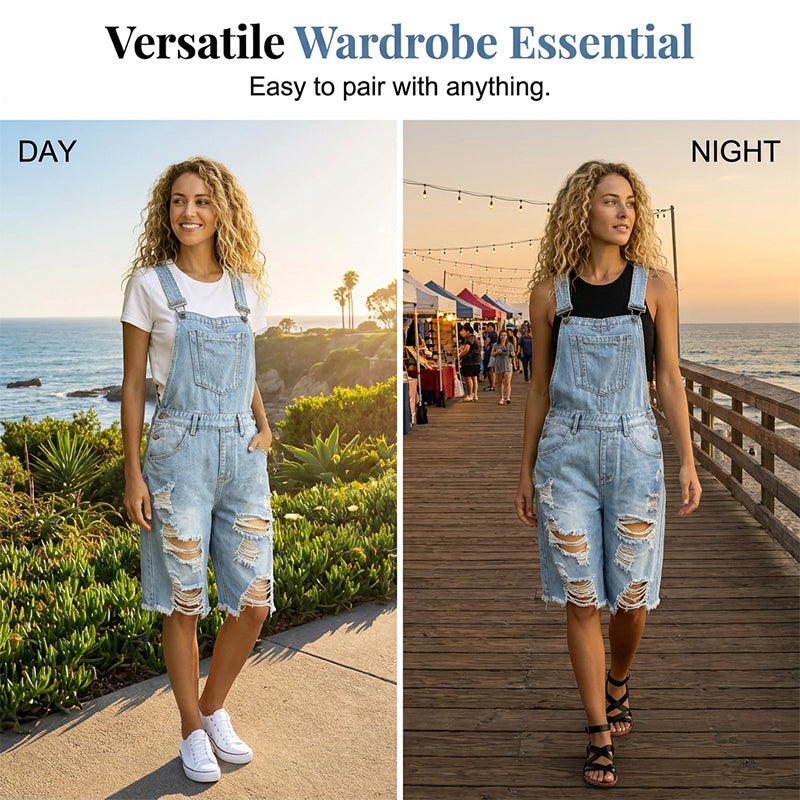 🩳 LIMITED-TIME 50% OFF! 💥 Women's Distressed Denim Overall Shorts – Ripped Design, Multiple Pockets, Casual ✨