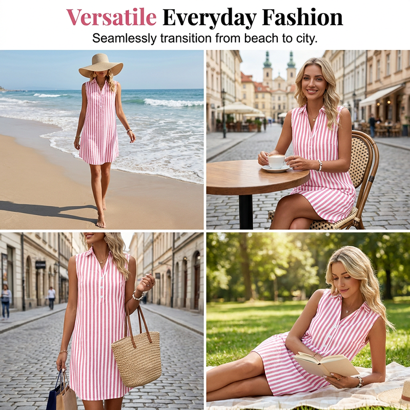 🔥 Today Only! 50% OFF – Women’s Sleeveless Striped V-Neck Shirt Dress
