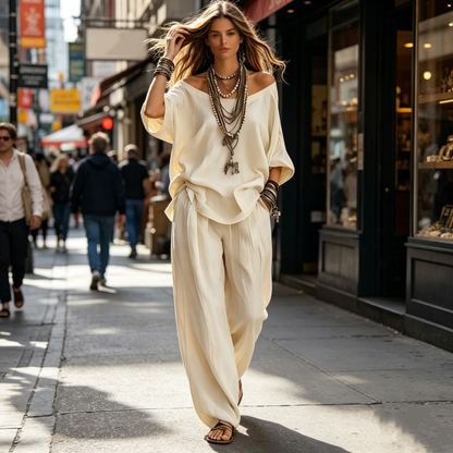 👕 LIMITED-TIME 50% OFF! 💥Women’s Off-Shoulder Top & Wide-Leg Pants 2-Piece Set