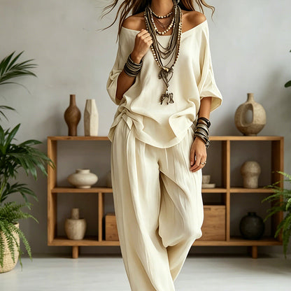 👕 LIMITED-TIME 50% OFF! 💥Women’s Off-Shoulder Top & Wide-Leg Pants 2-Piece Set