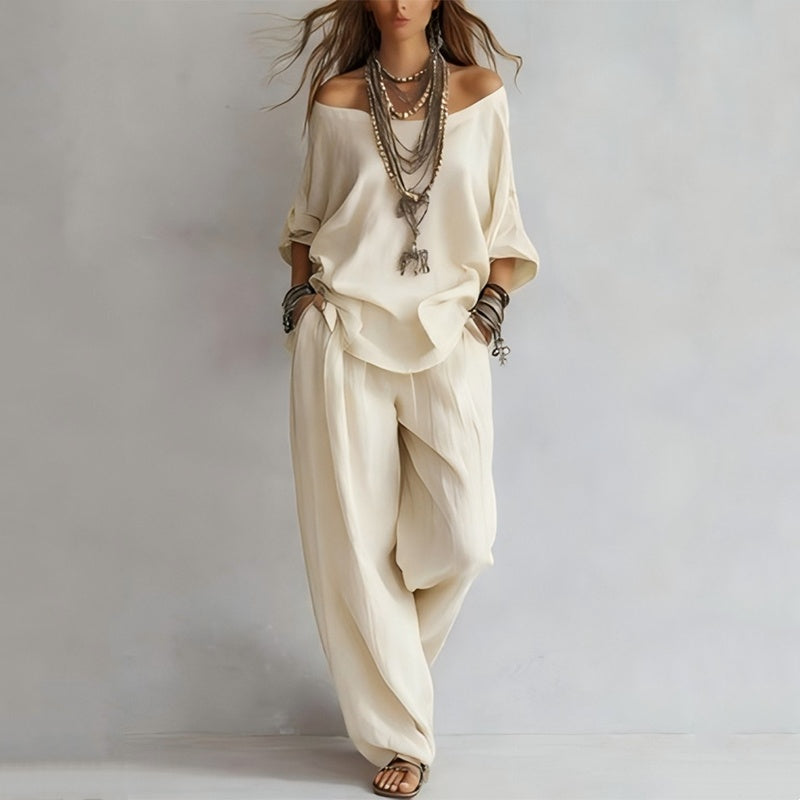 👕 LIMITED-TIME 50% OFF! 💥Women’s Off-Shoulder Top & Wide-Leg Pants 2-Piece Set
