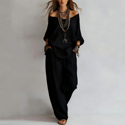 👕 LIMITED-TIME 50% OFF! 💥Women’s Off-Shoulder Top & Wide-Leg Pants 2-Piece Set