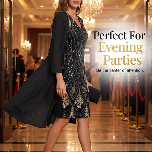 🔥Limited-Time Offer-Women's Long-Sleeve Printed Dress & Cardigan 2 Piece Set✨
