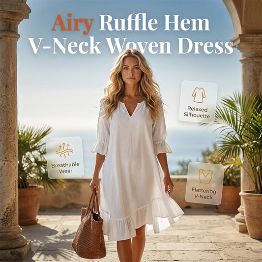 🎉NEW ARRIVAL LIMITED TIME OFFER 💞Women's Ruffle Hem V Neck Woven Dress