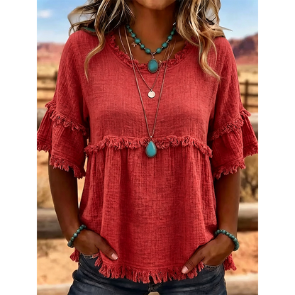 🔥New Arrivals & Special Offers-Women's Casual Fringe-Trim Ruffle Sleeve Top