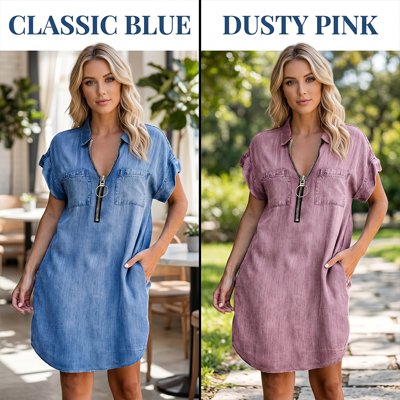 💙 50% OFF Today –Women Casual Denim Shirt Dress Loose Lapel Short Sleeve Zipper Dress With Pockets✨