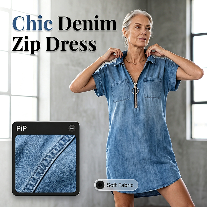 💙 50% OFF Today –Women Casual Denim Shirt Dress Loose Lapel Short Sleeve Zipper Dress With Pockets✨