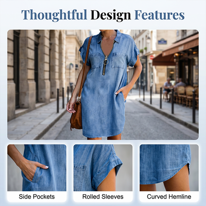 💙 50% OFF Today –Women Casual Denim Shirt Dress Loose Lapel Short Sleeve Zipper Dress With Pockets✨