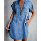 💙 50% OFF Today –Women Casual Denim Shirt Dress Loose Lapel Short Sleeve Zipper Dress With Pockets✨