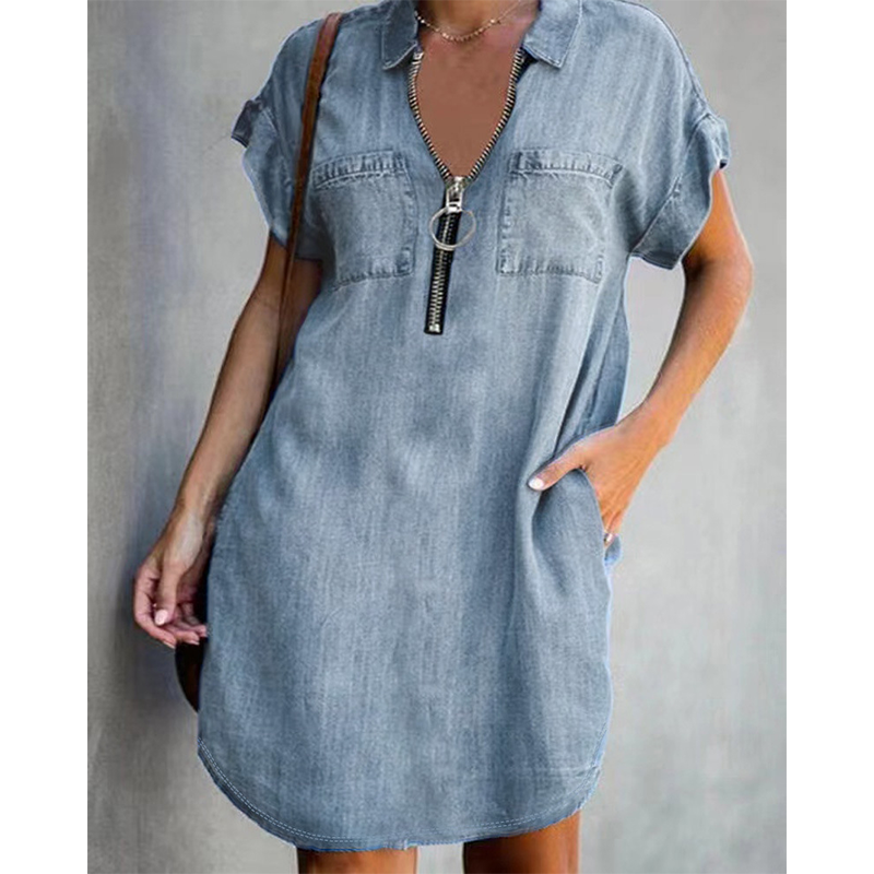 💙 50% OFF Today –Women Casual Denim Shirt Dress Loose Lapel Short Sleeve Zipper Dress With Pockets✨