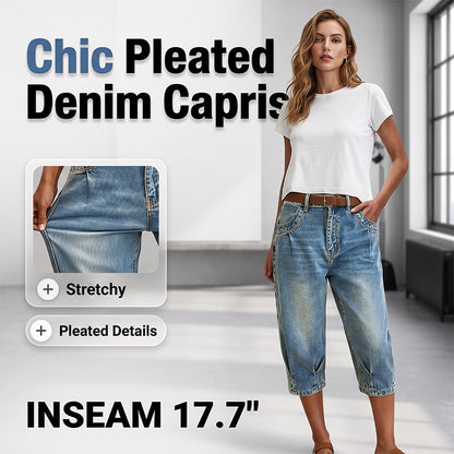 🎉 LIMITED TIME 50% OFF! 👖 Women's Capri Denim Jeans – High Waist Cropped, Pleated Hem & Slim Fit Vintage Style ✨