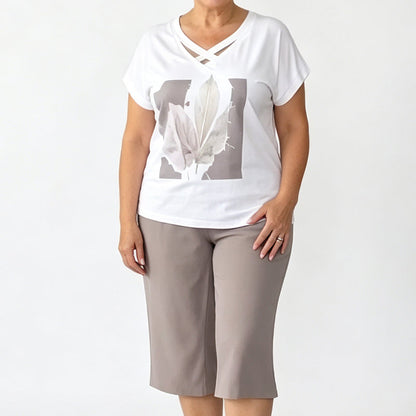 📢📢50% OFF !! ⏰Women Casual Two Piece Set V Neck Tee and Cropped Pants