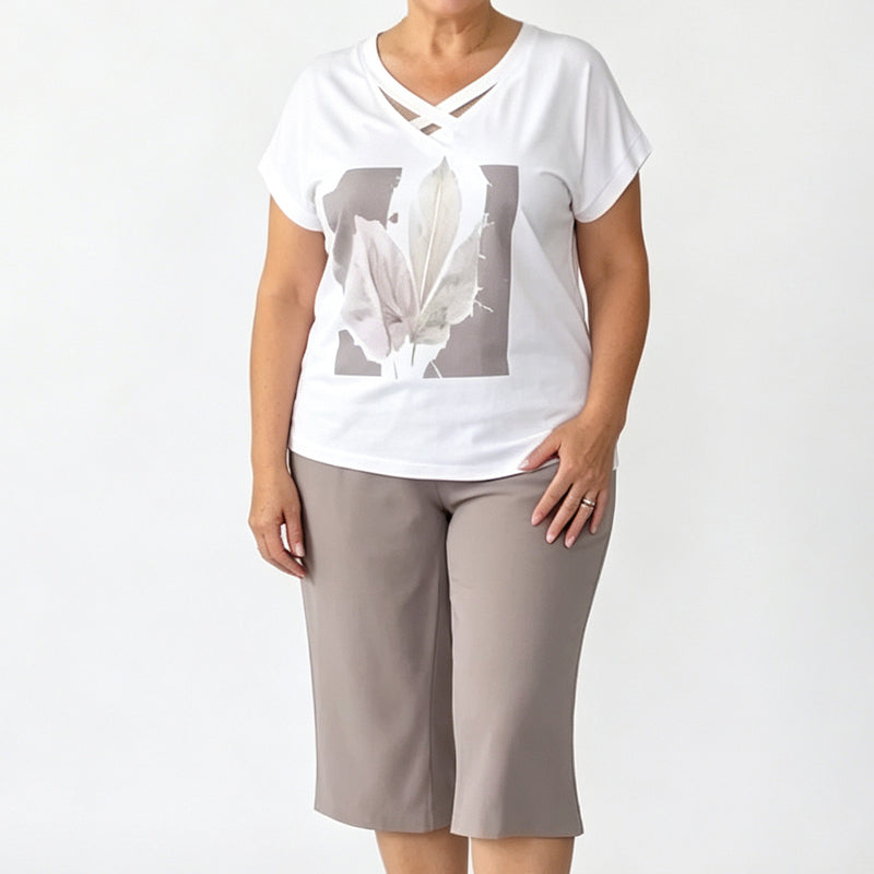 📢📢50% OFF !! ⏰Women Casual Two Piece Set V Neck Tee and Cropped Pants