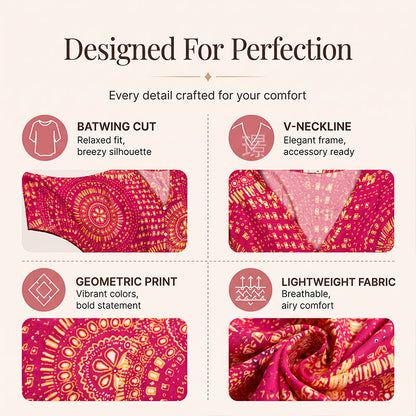 Women's V-Neck Boho Print Batwing Sleeve Top