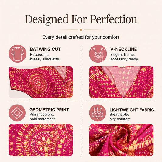 Women's V-Neck Boho Print Batwing Sleeve Top