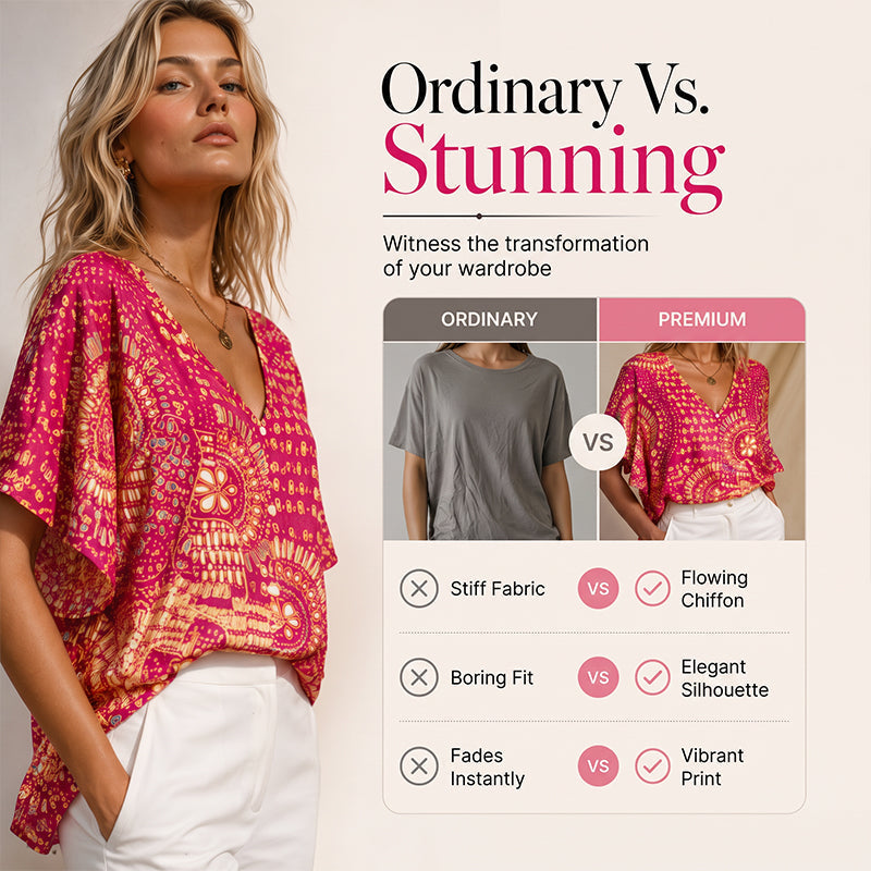 Women's V-Neck Boho Print Batwing Sleeve Top