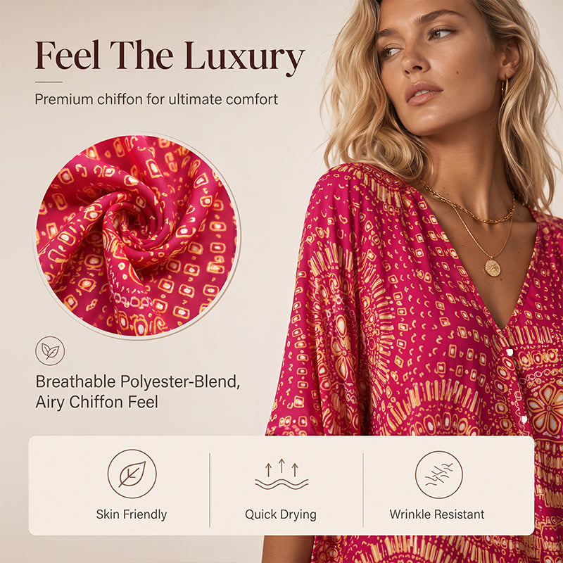 Women's V-Neck Boho Print Batwing Sleeve Top