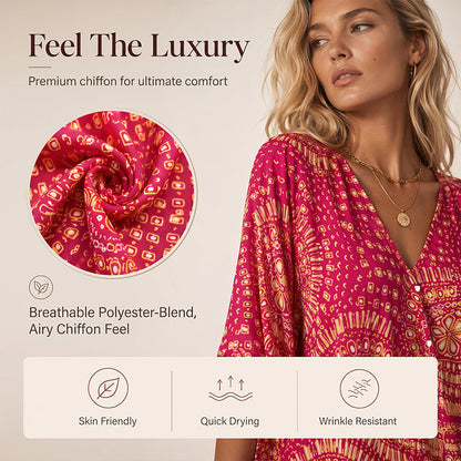 Women's V-Neck Boho Print Batwing Sleeve Top