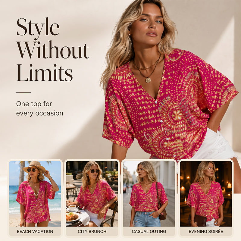 Women's V-Neck Boho Print Batwing Sleeve Top
